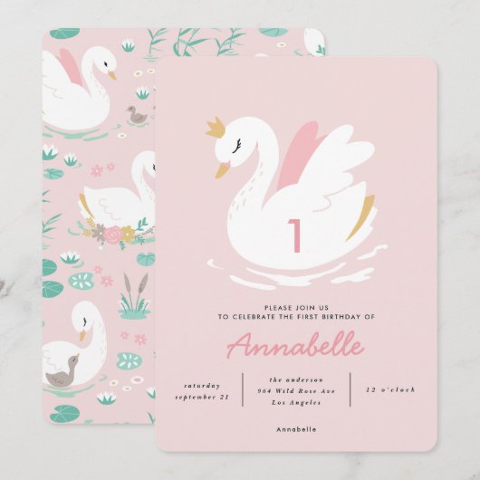 Invitation élégant cygne rose girly pour enfants (Devant / Derrière)