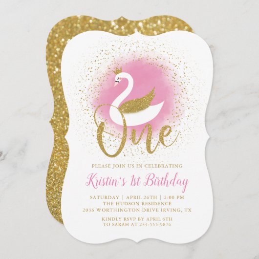 Invitation Elégant cygne rose or princesse fille 1er annivers (Devant / Derrière)