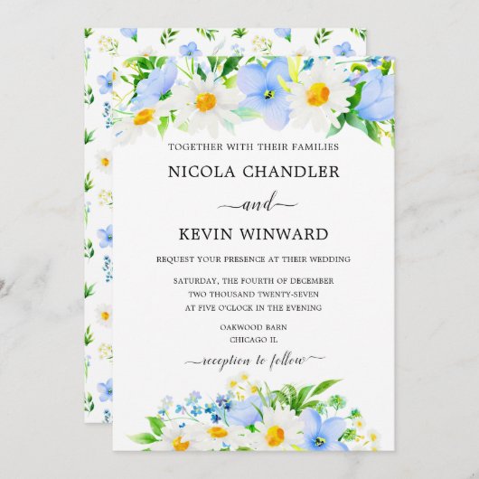 Invitation Elegant Daisy and Forget Me Not Wedding (Devant / Derrière)