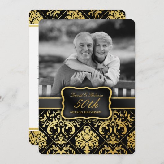 Invitation Élégant Damas d'or 50e anniversaire Mariage (Devant / Derrière)