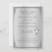 Invitation Elégant damas en argent et croix en argent Baptême (Dos)