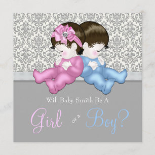 Invitation Élégant Damas gris révèle une douche à l'effigie d