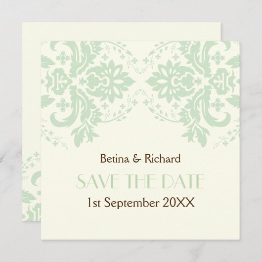 Invitation Élégant damas mint save the date de mariage ivoire (Devant / Derrière)
