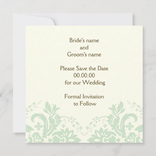 Invitation Élégant damas mint save the date de mariage ivoire (Dos)