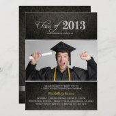 Invitation Élégant Damas noir et gris avec diplôme en argent (Devant / Derrière)