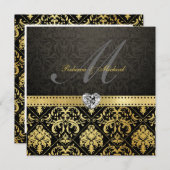 Invitation Élégant Damas noir et or avec monogramme (Devant / Derrière)
