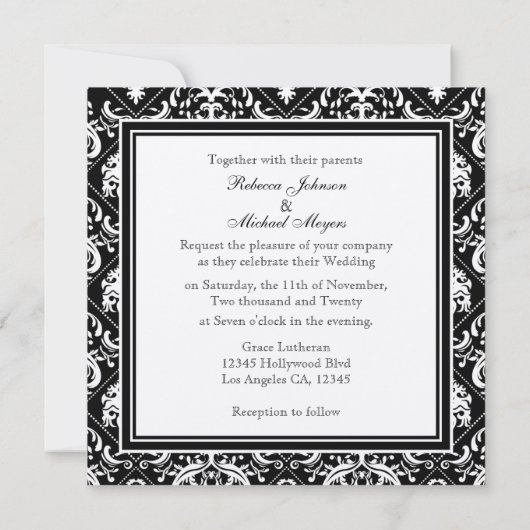 Invitation Élégant Damas noir et or avec monogramme (Dos)