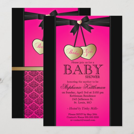 Invitation Élégant Damas noir et rose| Baby shower (Devant / Derrière)