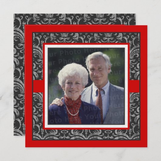 Invitation Élégant damas rouge et noir pour mariage et annive (Devant / Derrière)