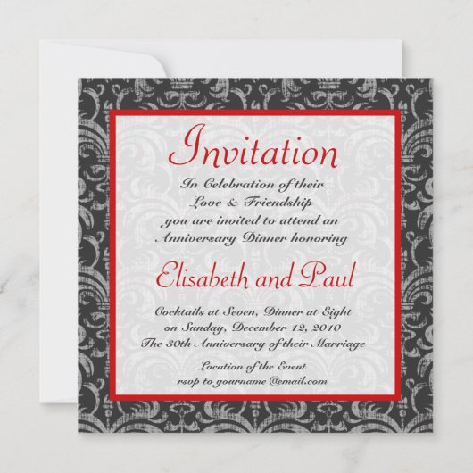 Invitation Élégant damas rouge et noir pour mariage et annive (Dos)