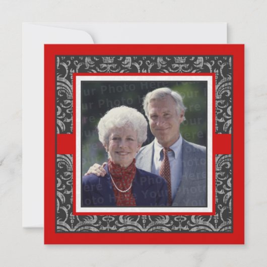 Invitation Élégant damas rouge et noir pour mariage et annive (Devant)