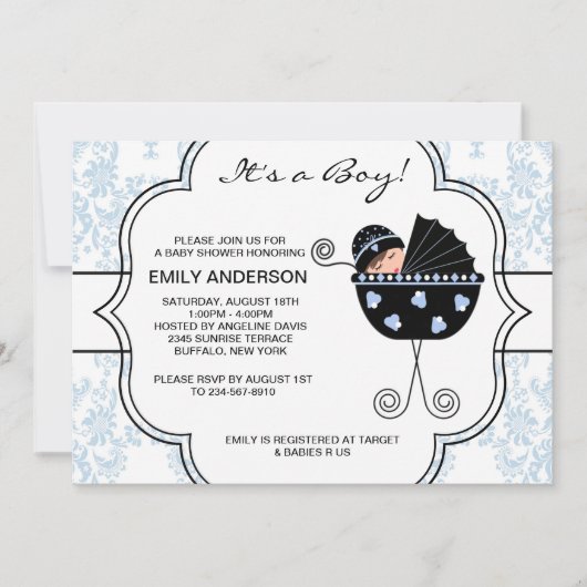 Invitation Elégant Damask Blue Black Baby Boy Douche (Devant)