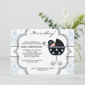 Invitation Elégant Damask Blue Black Baby Boy Douche (Debout devant)