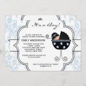 Invitation Elégant Damask Blue Black Baby Boy Douche (Devant / Derrière)