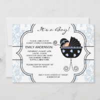 Elégant Damask Blue Black Baby Boy Douche