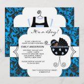 Invitation Elégant Damask Blue Black Baby Boy Douche (Devant / Derrière)