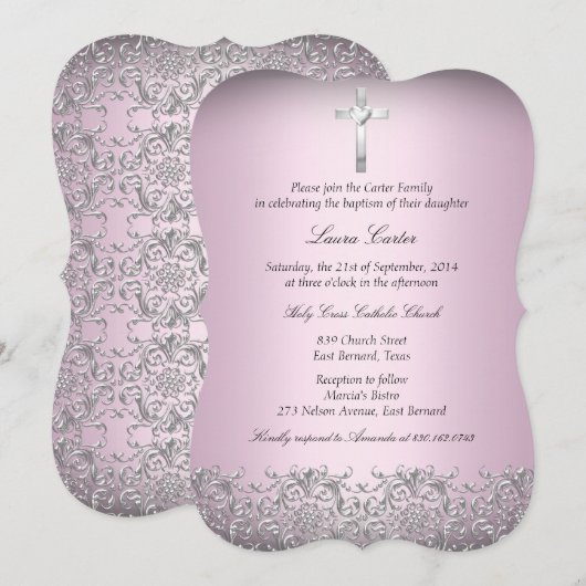 Invitation Élégant Damask & Croix Rose Baptême 2 (Devant / Derrière)