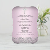 Invitation Élégant Damask & Croix Rose Baptême 2 (Debout devant)