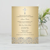 Invitation Élégant Damask Cross Gold Baptism/Christening (Debout devant)