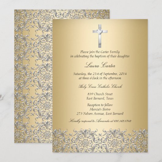 Invitation Élégant Damask Cross Gold Baptism/Christening (Devant / Derrière)