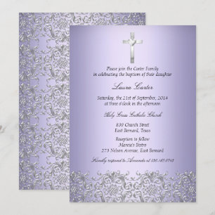 Invitation Elégant Damask Cross Purple Baptême/Christening