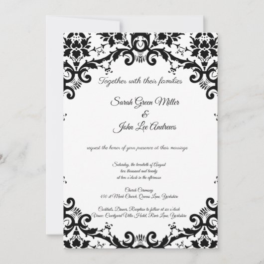 Invitation Elégant Damask Floral Black & White Mariage (Devant)