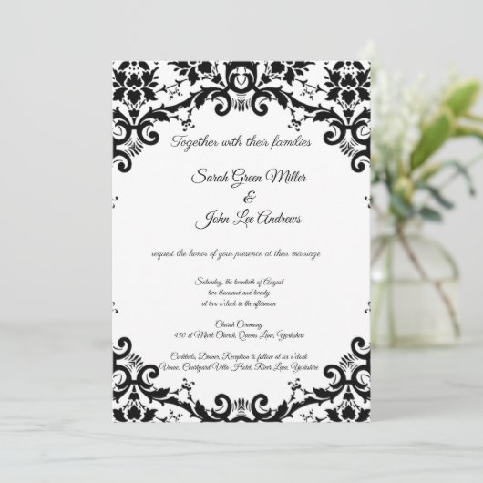 Invitation Elégant Damask Floral Black & White Mariage (Debout devant)