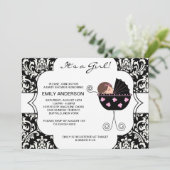 Invitation Elégant Damask Rose Black Baby Girl Douche (Debout devant)