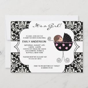 Invitation Elégant Damask Rose Black Baby Girl Douche