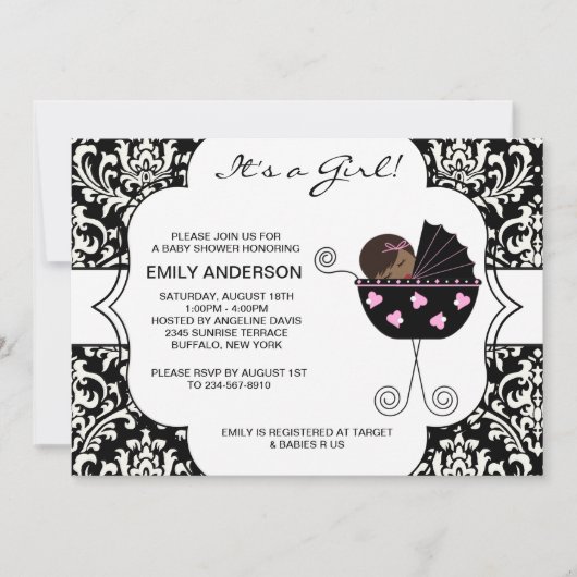 Invitation Elégant Damask Rose Black Baby Girl Douche (Devant)