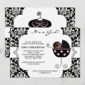 Invitation Elégant Damask Rose Black Baby Girl Douche (Devant / Derrière)