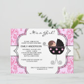 Invitation Elégant Damask Rose Black Baby Girl Douche (Debout devant)