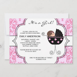 Invitation Elégant Damask Rose Black Baby Girl Douche