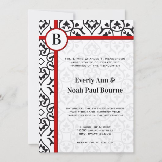 Invitation Elégant Damask Side Borders Red Trim Mariage (Devant)