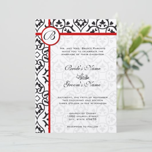 Invitation Elégant Damask Side Borders Red Trim Mariage (Debout devant)