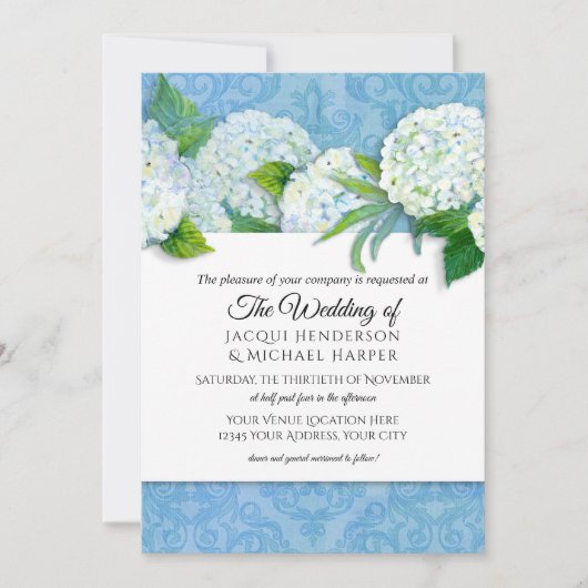 Invitation Elégant Damask Sky Blue Hydrangea Floral Mariage (Devant)