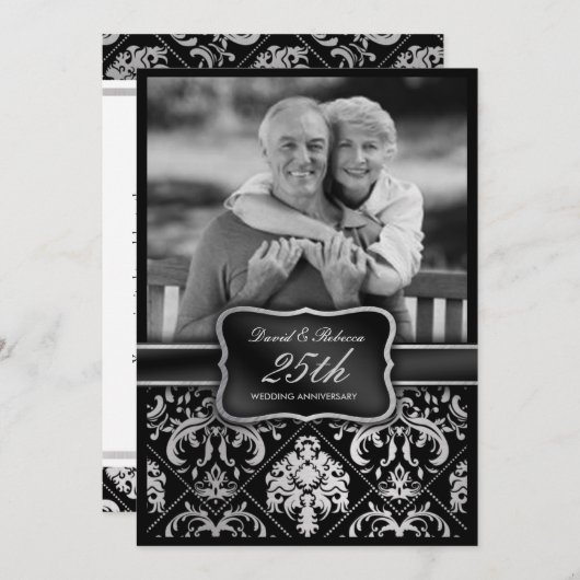 Invitation Élégant Damassé Argent 25e Anniversaire de Mariage (Devant / Derrière)