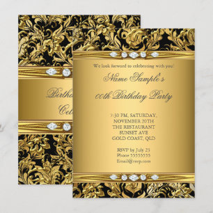 Invitation Élégant Damassé Feuille d'Or Diamant Noir Annivers