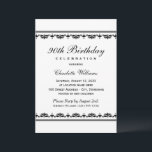Invitation Élégant Damassé Noir 90e Anniversaire<br><div class="desc">Une bordure damassée noire répétitive en haut et en bas encadre une calligraphie élégante et des détails d'événement personnalisables sur un fond blanc croustillant pour cette invitation classique de 90e anniversaire. Un choix raffiné pour les célébrations de jalons importants pour les seniors, les dîners et les événements formels organisés par...</div>