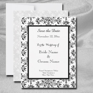 Invitation Élégant Damassé Noir Blanc Enregistrez la Date Per