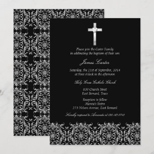 Invitation Élégant Damassé Noir & Croix Baptême
