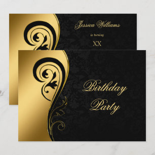 Invitation Élégant Damassé Noir & Tourbillons Décoratifs Anni