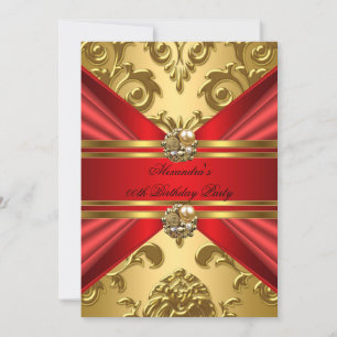 Invitation Elégant Damassé Royal Rouge Or Floral Anniversaire
