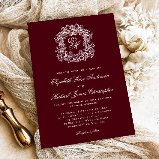 Invitation Elegant Dark Burgundy Monogram Crest Wedding