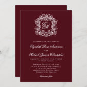 Invitation Elegant Dark Burgundy Monogram Crest Wedding (Devant / Derrière)