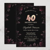 Invitation Elégant Dark Burgundy Rose Black 40e anniversaire (Devant / Derrière)