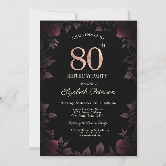 Invitation Elégant Dark Burgundy Rose Noir 80e anniversaire (Devant)