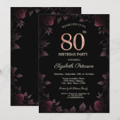Invitation Elégant Dark Burgundy Rose Noir 80e anniversaire (Devant / Derrière)