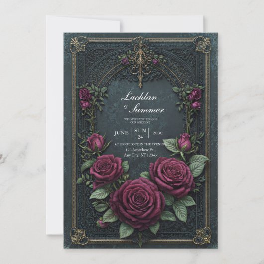 Invitation Elegant Dark Gothic Burgundy Rose Arched Wedding (Devant)