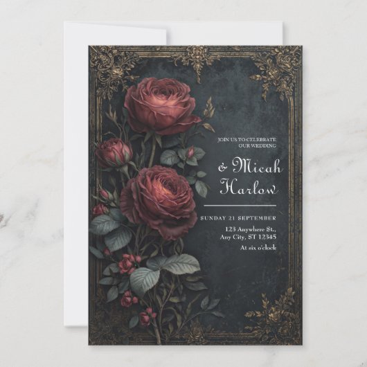 Invitation Elegant Dark Gothic Burgundy Rose Floral Wedding (Devant)